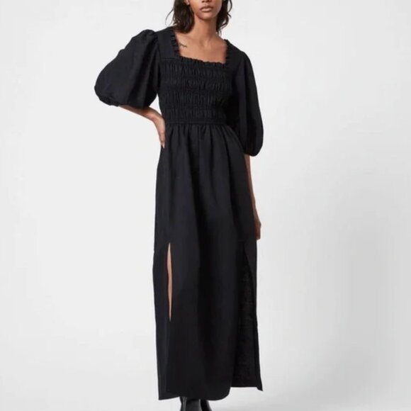 ALL SAINTS Livi Linen Black Smocked Puff Sleeve Dress Sz 6 - Picture 12 of 12